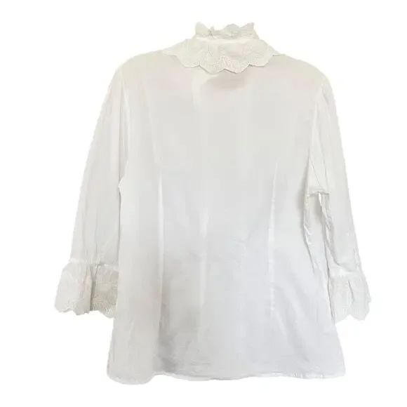 Anne Fontaine White 3/4 Bell Sleeve Embroidered Lace Ruffle Collar Blouse Sz 10 - Picture 5 of 10